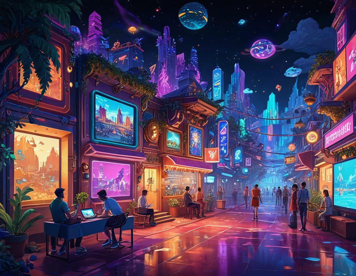 A vibrant digital landscape showcasing adults happily engaging in interactive online experiences, featuring diverse characters exploring various forms of entertainment like gaming, streaming, and virtual reality. Include colorful graphics and playful animations that evoke a sense of joy and connection. The scene should reflect a sense of escapism and excitement, with glowing screens and dynamic environments. whimsical style. vibrant colors. pixel art.