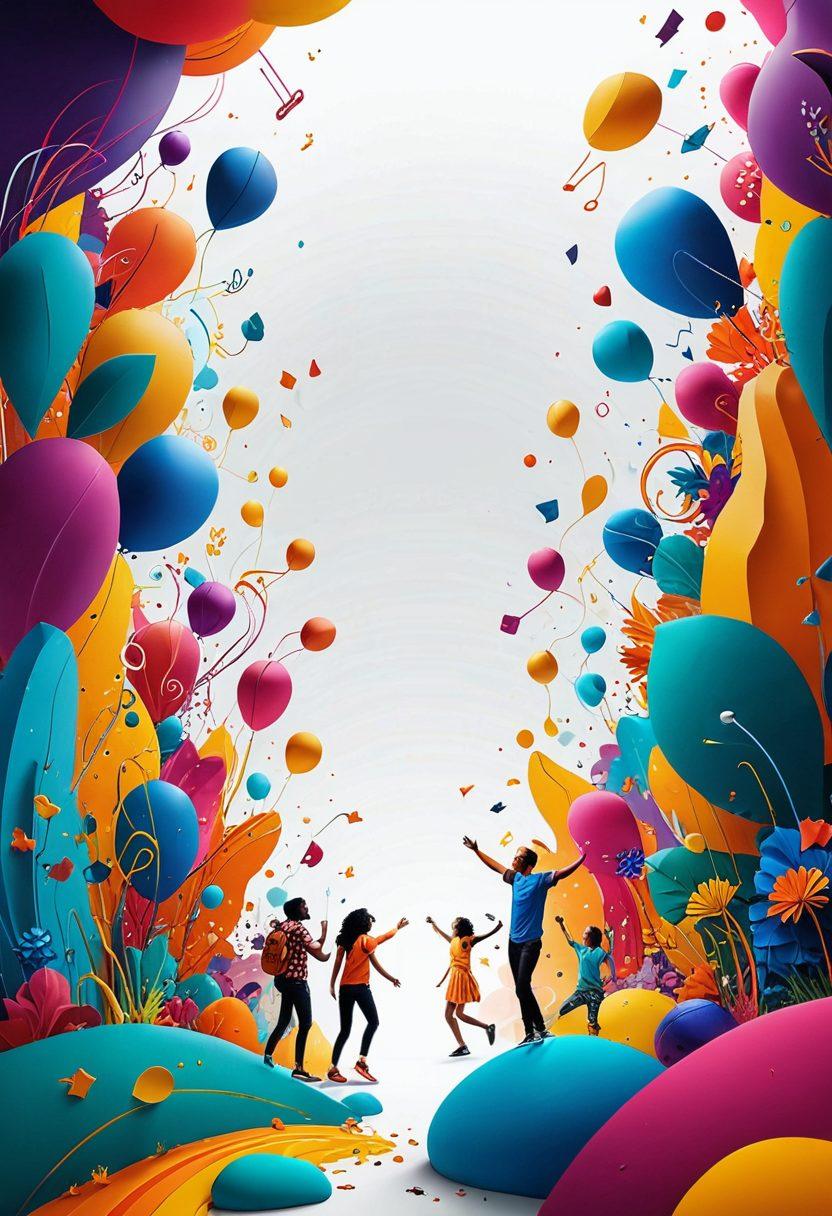 A vibrant digital landscape that symbolizes exploration and joy, featuring playful figures engaging with various forms of online entertainment like music, games, and art. Incorporate elements of lively colors, abstract patterns, and a liberating atmosphere, with hints of connection and laughter among adults. The backdrop should evoke a sense of adventure and happiness, inviting viewers to join in the celebration of joyful experiences. super-realistic. vibrant colors. white background.