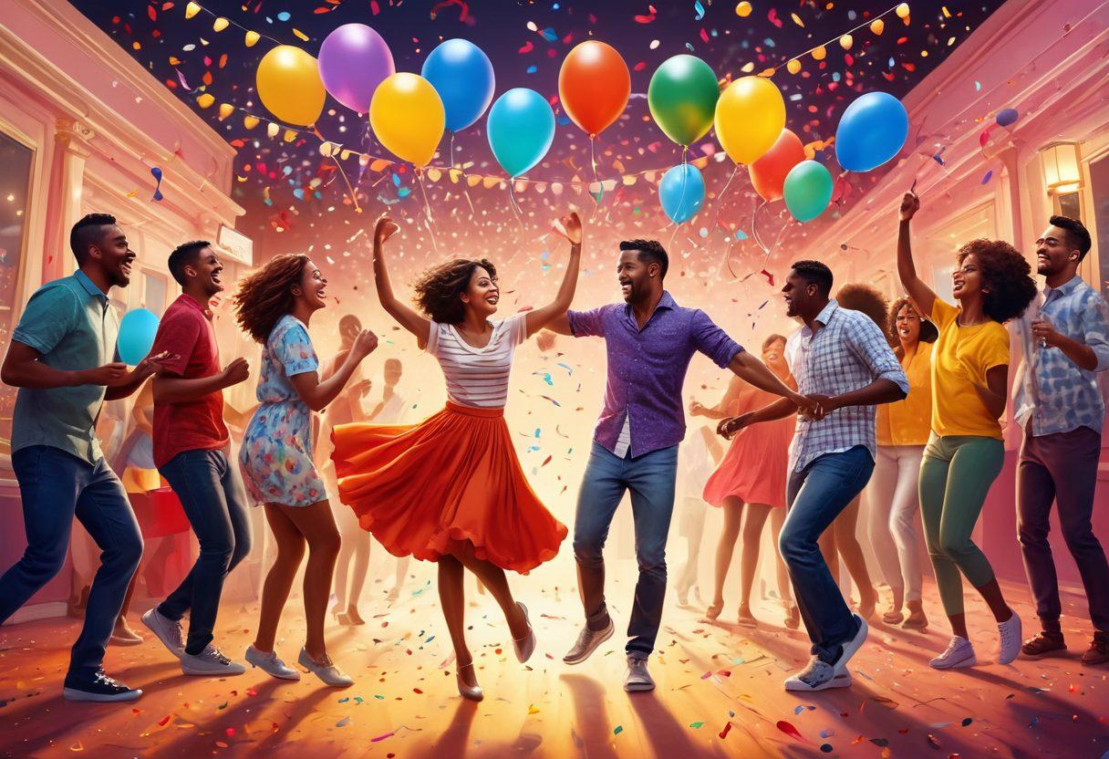 A whimsical and vibrant illustration featuring an eclectic mix of joyful adults embracing various playful activities, such as dancing, laughing, and sharing moments of blissful connection. The background should be filled with bright colors, abstract patterns, and elements symbolizing pleasure and delight like balloons, confetti, and glowing lights. The characters should reflect diverse backgrounds and express pure happiness. super-realistic. vibrant colors. digital art.